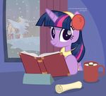  2017 absurd_res beverage book building christmas_lights cup curtains cute earmuffs equine eyelashes feathered_wings feathers female friendship_is_magic hair hi_res horn hot_chocolate inside looking_at_viewer mammal marshmallow multicolored_hair my_little_pony purple_eyes reading scarf scroll shutterflyeqd sitting smile snow snowing solo table twilight_sparkle_(mlp) window winged_unicorn wings winter 