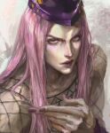  1boy closed_mouth commentary commentary_request derivative_work fishnet_top fishnets hat jojo_no_kimyou_na_bouken long_hair looking_at_viewer male_focus narciso_anasui pink_eyes pink_hair pink_lips ponytail purple_hat purple_nails rjwkd3 solo stone_ocean v-shaped_eyebrows 