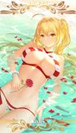  afloat ahoge bead_bracelet beads bikini blonde_hair bracelet breasts closed_mouth commentary_request criss-cross_halter earrings fate/grand_order fate_(series) flower green_eyes halterneck highres jewelry large_breasts light_smile long_hair looking_at_viewer navel nero_claudius_(fate)_(all) nero_claudius_(swimsuit_caster)_(fate) partially_submerged partially_translated petals red_flower red_rose rose side-tie_bikini smile solo striped striped_bikini swimsuit translation_request twintails watermark web_address wet wet_hair yijian_ma 