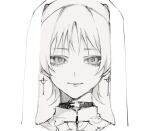  1boy alternate_costume ayu_kawa choker closed_mouth cropped_head cross cross_earrings earrings genshin_impact greyscale highres jewelry looking_at_viewer lower_eyelashes_only male_focus mandarin_collar monochrome portrait scaramouche_(genshin_impact) sketch smile solo straight-on tsurime veil wispy_bangs 