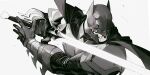  1boy armor batman batman_(series) black_cape black_gloves blood blood_on_face blue_eyes breastplate cape dc_comics gloves greyscale helmet highres holding holding_sword holding_weapon monochrome shoulder_pads sword vambraces weapon white-corner 