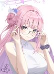  1girl adjusting_eyewear artist_logo awa_(awao141) bespectacled black-framed_eyewear blue_archive blue_flower blush breasts closed_mouth commentary_request dated dress flower glasses hair_bun hair_flower hair_ornament hair_ribbon halo hands_up highres large_breasts logo long_hair mika_(blue_archive) partial_commentary pink_hair pink_halo purple_scrunchie ribbon scrunchie semi-rimless_eyewear simple_background single_side_bun sleeveless sleeveless_dress smile solo under-rim_eyewear upper_body white_background white_dress white_ribbon wrist_scrunchie yellow_eyes 