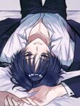  1boy bishounen black_eyes black_hair black_jacket black_pants black_sleeves cherlynaoo choppy_bangs collarbone dress_shirt eyelashes eyeliner eyeshadow genshin_impact highres jacket layered_sleeves long_sleeves looking_at_viewer lying makeup male_focus mole mole_under_eye on_back open_clothes open_hands open_jacket open_mouth pants partially_unbuttoned red_eyeliner red_eyeshadow scaramouche_(genshin_impact) shirt signature smile solo suit_jacket tsurime upside-down white_mouth white_shirt white_sleeves 