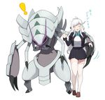  1girl :d accio bangs black_jacket black_skirt blue_neckwear blush bow bowtie breasts brown_footwear character_request claws closed_eyes commentary_request cropped_jacket facing_viewer gen_7_pokemon golisopod hand_up high-waist_skirt jacket juliet_sleeves large_breasts long_hair long_sleeves looking_at_viewer miniskirt open_clothes open_jacket open_mouth pleated_skirt pokemon pokemon_(creature) puffy_sleeves shirt shoes simple_background skindentation skirt smile standing thighhighs translated walking waving white_background white_hair white_legwear white_shirt zettai_ryouiki 