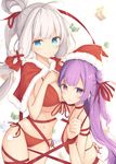  azur_lane bangs bikini blue_eyes blurry blurry_background blush box breasts capelet choker christmas closed_mouth commentary depth_of_field eyebrows_visible_through_hair front-tie_bikini front-tie_top fur-trimmed_capelet fur-trimmed_hat fur_trim gift gift_box habu. hair_bun hair_ornament hair_ribbon hat high_ponytail highres illustrious_(azur_lane) large_breasts long_hair looking_at_viewer looking_to_the_side multiple_girls navel one_side_up parted_lips pom_pom_(clothes) ponytail purple_eyes purple_hair red_bikini red_capelet red_choker red_ribbon ribbon santa_bikini santa_hat side-tie_bikini side_bun silver_hair small_breasts smile swimsuit unicorn_(azur_lane) very_long_hair white_background 