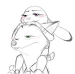  2017 anthro black_and_white blush canine carrying charliebarkinq clothed clothing disney duo fox green_eyes judy_hopps lagomorph mammal monochrome nick_wilde one_eye_closed partially_colored pencil_(artwork) piggyback purple_eyes rabbit simple_background tongue tongue_out traditional_media_(artwork) white_background zootopia 