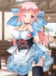  ;q apron black_legwear blurry blurry_background bow bra_strap braid breasts cafe checkered checkered_floor collar commentary_request corset crown_braid elf eyebrows_visible_through_hair eyes_visible_through_hair frilled_apron frills hair_bow indoors kanna_hisashi large_bow large_breasts long_hair looking_at_viewer name_tag one_eye_closed original panties panty_peek pink_hair pink_panties pointy_ears puffy_short_sleeves puffy_sleeves red_eyes short_sleeves solo thighhighs tongue tongue_out underwear waist_apron waitress wrist_cuffs 