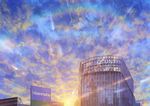  building cityscape cloud cloudy_sky commentary day highres lens_flare light_rays multicolored multicolored_sky niko_p no_humans original outdoors scenery signature sky sun sunlight sunset 