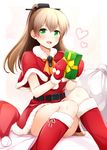  :d alternate_costume belt belt_buckle box brown_hair buckle gift gift_box gloves green_eyes hat hat_removed headwear_removed heart kantai_collection kumano_(kantai_collection) long_hair mittens open_mouth pom_pom_(clothes) red_gloves revision rui_shi_(rayze_ray) santa_costume santa_hat smile solo 