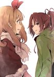  bad_id bad_twitter_id blonde_hair bow brown_hair commentary eye_contact fur_trim green_eyes green_hoodie grey_scarf hair_bow hairband hibike!_euphonium highres hood hoodie long_sleeves looking_at_another merry_christmas monsieur multiple_girls nakagawa_natsuki ponytail purple_eyes red_bow scarf sideways_mouth simple_background smirk wavy_mouth white_background yoshikawa_yuuko 