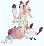  2016 canine cellphone charliebarkinq clothed clothing colored_pencil_(artwork) disney duo earbuds eyes_closed female fox fur group headphones hi_res judy_hopps lagomorph listening lying male mammal nick_wilde pencil_(artwork) phone rabbit simple_background traditional_media_(artwork) white_background zootopia 