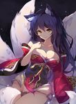  ahri animal_ears bare_shoulders black_hair breasts chiroru_(cheese-roll) cleavage collarbone detached_sleeves facial_mark fang fox_ears fox_girl fox_tail highres korean_clothes kumiho large_breasts league_of_legends long_hair looking_at_viewer multiple_tails slit_pupils solo tail whisker_markings yellow_eyes 
