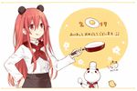  animal_ears bird chef_uniform hand_on_hip holding holding_pan long_hair long_sleeves lowres neptune_(series) panda panda_ears red_eyes red_hair shakeko_(choujigen_game_neptune) tongue tongue_out tsunako 