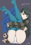  ass bangs black_hair blue_legwear dated full_body legs_up long_hair looking_at_viewer nigane panties sasa_kazamori shirt sitting smile solo striped striped_shirt stuffed_animal stuffed_toy teddy_bear thighhighs turtleneck un-go underwear very_long_hair white_panties yellow_eyes 