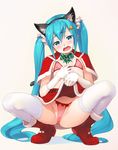  animal_ears bell belt blue_eyes blue_hair boots bra breasts cat_ears cat_tail christmas fake_animal_ears gloves hair_bell hair_ornament hatsune_miku highres lifted_by_self long_hair navel nipples open_mouth panties pink_bra pink_panties red_footwear red_skirt skirt skirt_lift small_breasts solo squatting tail thighhighs twintails underwear very_long_hair vocaloid wacchi white_gloves white_legwear 