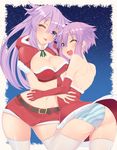  ;d ;p adult_neptune ass asymmetrical_docking bare_shoulders belt blush breast_press breasts capelet christmas cleavage commentary_request cowboy_shot crop_top dress dura elbow_gloves framed gloves highres hug large_breasts long_hair looking_at_viewer looking_back multiple_girls navel neptune_(choujigen_game_neptune) neptune_(series) night night_sky no_hair_ornament one_eye_closed open_mouth panties pantyshot purple_eyes purple_hair red_capelet red_dress red_gloves santa_costume shin_jigen_game_neptune_vii short_hair short_shorts shorts sky small_breasts smile star_(sky) starry_sky striped striped_panties thighhighs tongue tongue_out underwear upskirt white_legwear 