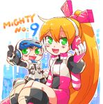  1boy 1girl android beck_(mighty_no._9) blonde_hair blush call_(mighty_no._9) call_f dress duo eyebrows fingerless_gloves gloves green_eyes hairband headphones helmet jacket long_hair mighty_no._9 no_humans open_mouth ponytail ribbon robot shirt tied_hair 