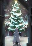  1girl 4139 ahoge christmas christmas_tree female from_behind monster_girl moth_girl original snow solo tree white_hair 