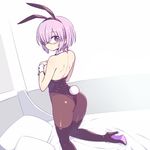  animal_ears ass back backless_dress backless_outfit bare_shoulders black-framed_eyewear black_leotard blush boots brown_legwear bunny_ears bunny_tail bunnysuit chan_co closed_mouth commentary_request dress eyebrows_visible_through_hair fake_animal_ears fake_tail fate/grand_order fate_(series) hair_over_one_eye hairband high_heel_boots high_heels kneeling leotard looking_at_viewer mash_kyrielight on_bed pantyhose pillow purple_eyes purple_hair semi-rimless_eyewear short_hair solo tail thigh_boots thighhighs under-rim_eyewear wrist_cuffs 