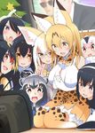  :d :o alternate_breast_size alternate_hair_length alternate_hairstyle animal_ear_fluff animal_ears antenna_hair bare_shoulders bespectacled black-framed_eyewear black_gloves black_hair blonde_hair blush bow bowtie breasts brown_eyes button_gap collared_shirt commentary_request common_raccoon_(kemono_friends) crt elbow_gloves emperor_penguin_(kemono_friends) eyebrows_visible_through_hair fang fennec_(kemono_friends) fox_ears gentoo_penguin_(kemono_friends) glasses gloves grey_hair hair_between_eyes hairband hayashi_(l8poushou) high-waist_skirt highres humboldt_penguin_(kemono_friends) kemono_friends large_breasts lips long_hair multicolored_hair multiple_girls older open_mouth orange_eyes orange_hair orange_neckwear orange_skirt own_hands_together pink_lips pink_sweater pleated_skirt purple_eyes raccoon_ears red_eyes rockhopper_penguin_(kemono_friends) round_teeth royal_penguin_(kemono_friends) seiza semi-rimless_eyewear serval_(kemono_friends) serval_ears serval_print shirt short_hair sitting skirt sleeveless sleeveless_shirt smile streaked_hair sweater teeth television thighhighs under-rim_eyewear white_gloves white_hair wing_collar 