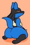  2017 anthro big_butt blue_fur butt digital_media_(artwork) eyelashes female fur looking_at_viewer lucario mr.under nintendo nude pok&eacute;mon pok&eacute;mon_(species) red_eyes simple_background smile solo thick_thighs video_games 