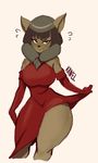  anthro armwear big_breasts black_nose breasts brown_eyes brown_fur cat clothing clothing_lift dress dress_lift ecaflip elbow_gloves eyelashes feline female flying_sweatdrops fur gloves grey_hair hair kanel mammal miranda_(wakfu) smile solo sweat sweatdrop thick_thighs wakfu wide_hips 