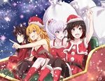  animal_ears blake_belladonna cat_ears christmas commentary hat highres multiple_girls ottey ruby_rose rwby sack santa_costume santa_hat sleigh snowing weiss_schnee yang_xiao_long 