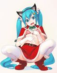  animal_ears bell belt blue_eyes blue_hair boots bra breasts cat_ears cat_tail christmas fake_animal_ears gloves hair_bell hair_ornament hatsune_miku highres long_hair looking_at_viewer navel nipples open_mouth pink_bra red_footwear red_skirt skirt small_breasts solo squatting tail thighhighs twintails underwear very_long_hair vocaloid wacchi white_gloves white_legwear 