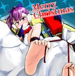  1girl barefoot between_toes blush earmuffs fate/grand_order feet finger_to_mouth gift helena_blavatsky_(fate/grand_order) looking_at_viewer ponytail pov pov_feet purple_eyes purple_hair soles toes 