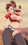  1girl alternate_costume areolae artist_name bracelet breast_cutout breasts breasts_outside brown_eyes brown_hair bulge d.va_(overwatch) earrings exlic front-tie_shirt futanari hand_on_hips headphones large_breasts long_hair looking_at_viewer navel nipples open_mouth overwatch penis ponytail puffy_nipples ribbon shirt smile solo standing v_over_eye 