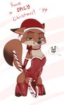  2017 anthro blood bow_tie bulge candy candy_cane canine christmas clothed clothing costume crossdressing dipstick_ears dipstick_tail disney duo english_text food fox furgonomics garter_belt garter_straps green_eyes half-closed_eyes holidays judy_hopps kneeling lagomorph legwear licking licking_lips looking_at_viewer male mammal multicolored_tail nick_wilde nosebleed rabbit santa_costume signature simple_background solo_focus tail_clothing text tight_clothing tongue tongue_out underwear white_background yitexity zootopia 
