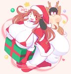 2017 anthro big_breasts bikini black_hair blue_eyes blush_sticker breasts brown_hair canine christmas cleavage clothed clothing costume dog duo featureless_breasts female fur gift hair hi_res holidays holly_applebee huge_breasts maggie_applebee mammal mature_female mother parent rudolph swimsuit theycallhimcake voluptuous wide_hips 