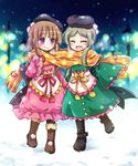  :d ^_^ boots brown_hair closed_eyes dress eyebrows_visible_through_hair gloves green_hair hat heart long_hair mittens multiple_girls night nishida_satono open_mouth pom_pom_(clothes) pote_(ptkan) print_scarf purple_eyes scarf shared_scarf short_hair_with_long_locks smile snow snowing star star_print tate_eboshi teireida_mai touhou unmoving_pattern wide_sleeves winter yellow_scarf 