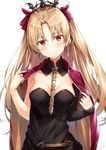  bangs blonde_hair blush bow breasts cape closed_mouth collarbone ereshkigal_(fate/grand_order) eyebrows_visible_through_hair fate/grand_order fate_(series) highres holding large_breasts long_hair looking_at_viewer pink_bow red_eyes rin_yuu simple_background skull smile solo twintails wavy_mouth white_background 