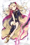  bangs bed_sheet black_dress black_leotard blonde_hair blush cape closed_mouth commentary_request crown dress earrings ereshkigal_(fate/grand_order) fate/grand_order fate_(series) full_body hair_ribbon hoop_earrings jewelry leotard long_hair looking_at_viewer lying natsume_eri on_back parted_bangs pillow red_cape red_eyes ribbon single_sleeve single_thighhigh solo thighhighs tiara two_side_up 