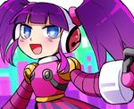  1girl android blue_eyes call_(mighty_no._9) call_d dress eyebrows fingerless_gloves gloves hairband headphones long_hair mighty_no._9 no_humans open_mouth purple_hair robot robot_joints shirt solo tied_hair twintails 