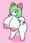  2017 big_breasts breasts digital_media_(artwork) eyelashes female green_hair hair huge_breasts humanoid hyper hyper_breasts kirlia mr.under nintendo nipples pok&eacute;mon pok&eacute;mon_(species) red_eyes short_stack shortstack simple_background smile solo thick_thighs video_games 