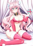  bikini blue_eyes bow box breasts christmas commentary_request eyebrows_visible_through_hair fur_trim gift gift_box gloves hair_ornament large_breasts long_hair looking_at_viewer maria_cadenzavna_eve mouth_hold navel pink_hair red_gloves red_legwear senki_zesshou_symphogear shiny shiny_hair shiny_skin side-tie_bikini sitting smile solo swimsuit thighhighs wariza zetsumu 