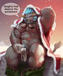  abs anthro arm_above_head balls beard bell belt blue_hair broken_horn chain christmas clothing erection erection_under_clothes facial_hair gloves hair holidays horn krampus krampus_(housamo) male muscular muscular_male navel nipples pants pecs penis pubes santa_claus scar sitting solo tokyo_afterschool_summoners underwear unknown_artist whiskers 