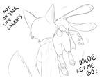  2017 angry anthro black_and_white canine carrying charliebarkinq clothed clothing disney duo english_text fox hi_res judy_hopps lagomorph mammal monochrome nick_wilde pencil_(artwork) rabbit rear_view shoulder_carry simple_background text traditional_media_(artwork) white_background zootopia 