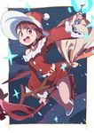  :d antlers bangs belt black_choker blush_stickers boots bra_strap broom broom_riding brown_hair choker cloud commentary_request dress eyebrows_visible_through_hair hat highres holding kagari_atsuko knee_boots little_witch_academia long_hair long_sleeves looking_at_viewer magic night night_sky open_mouth outdoors red_dress red_eyes red_footwear red_hat reindeer_antlers sack santa_costume santa_hat short_dress sky smile snowing solo sparkle tama_(tama-s) wand wide_sleeves witch_hat 