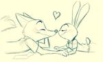  &lt;3 2017 anthro black_and_white blush canine charliebarkinq clothed clothing disney duo eskimo_kiss eyes_closed fox judy_hopps lagomorph lying mammal monochrome nick_wilde on_front pencil_(artwork) rabbit simple_background smile tongue tongue_out traditional_media_(artwork) white_background zootopia 