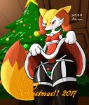  braixen breasts christmas clothing english_text female holidays holly_(plant) nintendo nipple_bulge plant pok&eacute;mon pok&eacute;mon_(species) punkydreamer smile solo text video_games 