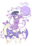  bangs black_hat black_legwear boots breast_pocket breasts buttons collared_shirt commentary_request crossover full_body gen_1_pokemon gen_5_pokemon gloves gochuumon_wa_usagi_desu_ka? gun hair_between_eyes hat hetareeji holding holding_gun holding_weapon koffing liepard long_hair long_sleeves medium_breasts necktie peaked_cap pencil_skirt plant pocket pokemon pokemon_(creature) purple_eyes purple_hair purple_neckwear purple_skirt salute shirt sidelocks skirt standing standing_on_one_leg tedeza_rize thighhighs tsurime twintails very_long_hair vines weapon white_background white_footwear white_gloves white_shirt wing_collar 