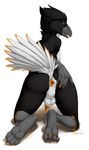  2017 4_toes 5_fingers anthro anus avian avian_penis backsack balls beak bird black_fur butt corvid digitigrade feathers fur grey_fur kneeling looking_back male multicolored_fur nude orange_eyes pose presenting presenting_hindquarters raised_tail raven simple_background smile solo spread_anus spreading tail_feathers toes truegrave9 two_tone_fur white_background 