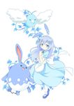  animal_ears apron azumarill bangs blue_dress blue_eyes blue_footwear blush bunny_ears closed_mouth crossover dress eyebrows_visible_through_hair flat_chest frilled_apron frills full_body gen_2_pokemon gen_3_pokemon gochuumon_wa_usagi_desu_ka? hair_ornament hairclip hands_together hetareeji holding holding_poke_ball kafuu_chino light_blue_hair loafers long_hair open_mouth pantyhose plant poke_ball pokemon pokemon_(creature) puffy_short_sleeves puffy_sleeves shoes short_sleeves sidelocks standing standing_on_one_leg swablu vines white_apron white_background white_legwear x_hair_ornament 