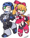  1boy 1girl armor beck_(mighty_no._9) blonde_hair boots call_(mighty_no._9) call_f dress duo fingerless_gloves gloves green_eyes hairband headphones helmet jacket long_hair mighty_no._9 one_eye_closed ponytail ribbon shirt simple_background tied_hair white_background wink 