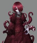  black_sclera cape closed_mouth commentary_request dress eldritch_abomination extra_ears eyeshadow grey_background grey_skin hair_over_one_eye horror_(theme) makeup monster_girl original ray-k red_dress red_eyes red_hair short_hair simple_background smile solo standing tentacles torn_cape upper_body 