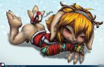  2017 3_toes 4_fingers alternate_version_available antlers asura blonde_hair bottomless butt claws clothed clothing ethanw female guild_wars hair horn humanoid looking_at_viewer lying on_front red_sclera sex_toy simple_background smile solo toe_claws toes vibrator video_games 
