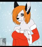  2018 anthro black_eyebrows black_fur canine christmas clothed clothing digital_media_(artwork) eyebrows female front_view fur grey_eyes grey_fur hair half-length_portrait hi_res holidays letterbox long_hair looking_at_viewer mammal multicolored_fur orange_hair pendant portrait red_clothing red_topwear reiko4835i snow snowing solo standing two_tone_fur winter wolf 